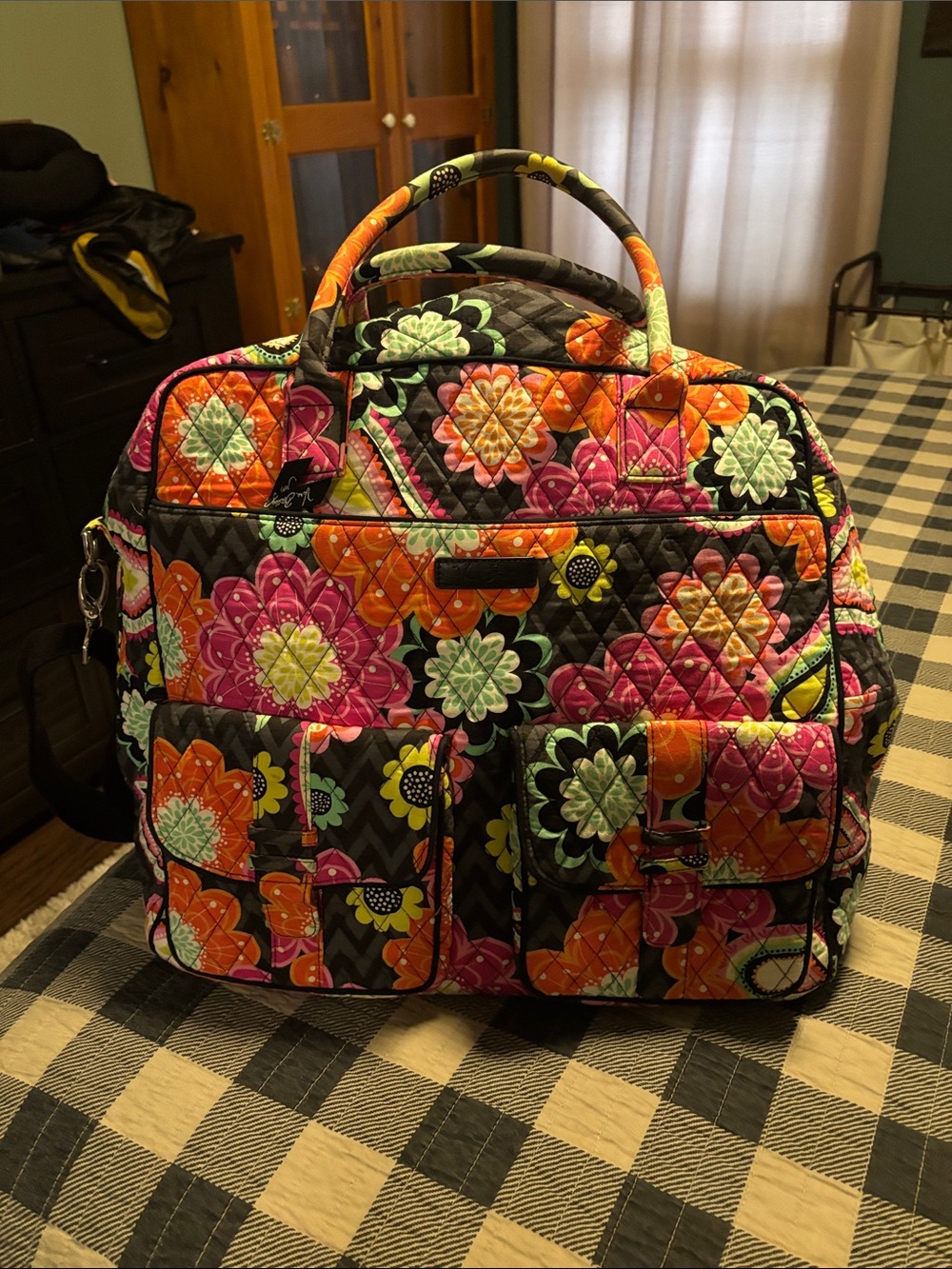 Vera Bradley Black Quilted Travel Bag with Orange, Pink & Green Floral Print